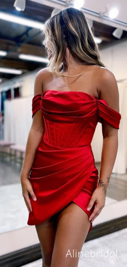 Sexy Side Slit Off The Shoulder Pleated Red Soft Satin Short Homecoming Dress, Prom Dress, PD382253