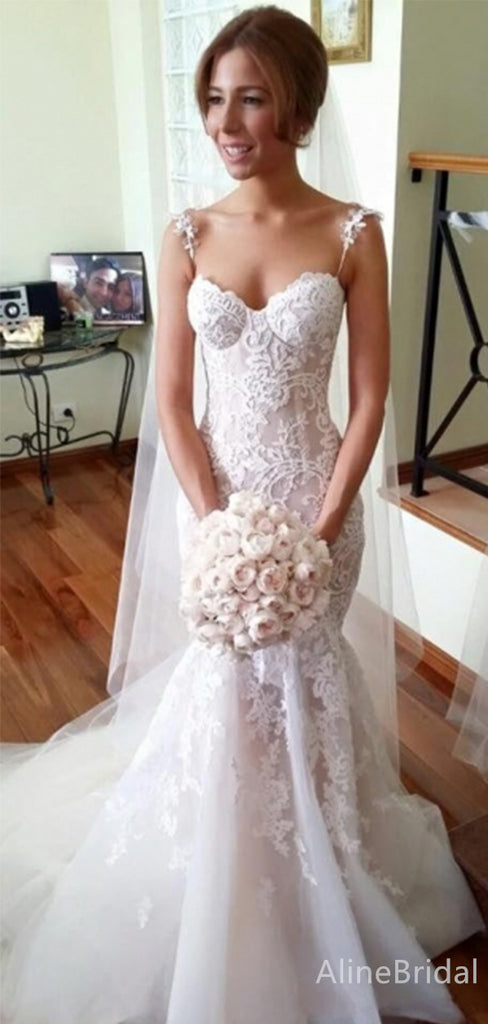 Gorgeous Sweetheart Spaghetti Strap Mermaid Long Lace Wedding Dresses,WD3091
