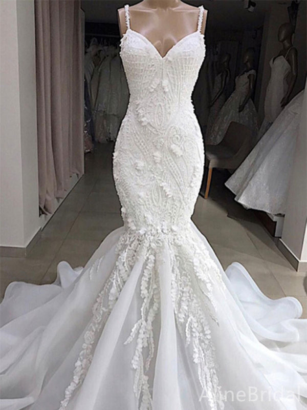Elegant V-neck Spaghetti Strap Mermaid Long Wedding Dresses with Train,WD3092