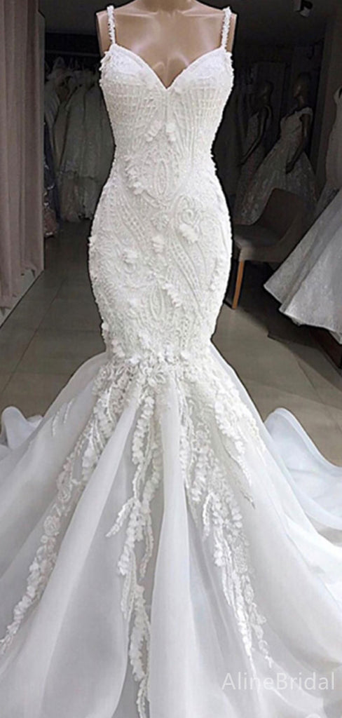 Elegant V-neck Spaghetti Strap Mermaid Long Wedding Dresses with Train,WD3092