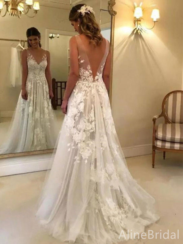 Gorgeous V-neck Lace Appliques A-line Long Wedding Dresses, WD3107