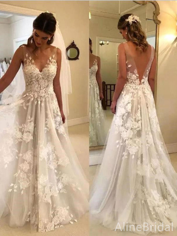 Gorgeous V-neck Lace Appliques A-line Long Wedding Dresses, WD3107