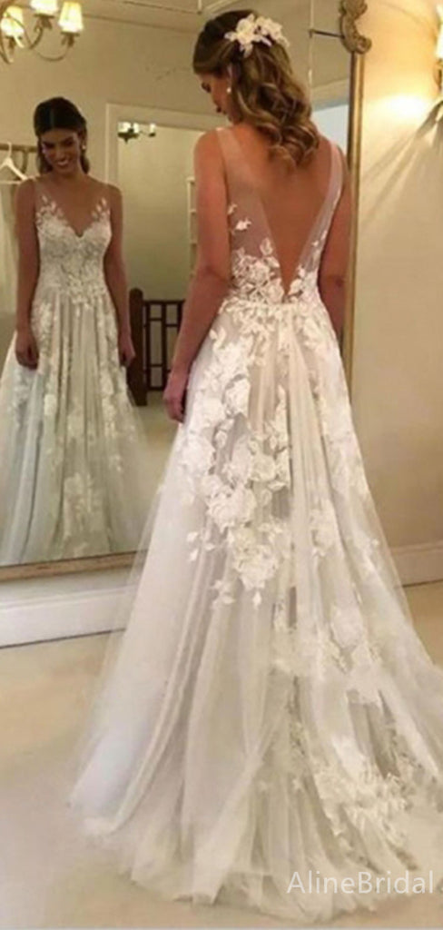 Gorgeous V-neck Lace Appliques A-line Long Wedding Dresses, WD3107