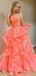 Sparkly Coral Spaghetti Strap A-line Tiered Tulle Long Prom Dress, PD38096