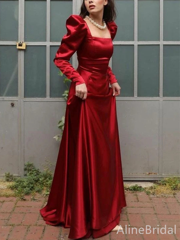 Elegant Red Square Long Sleeves A-line Long Prom Dress,PD38119