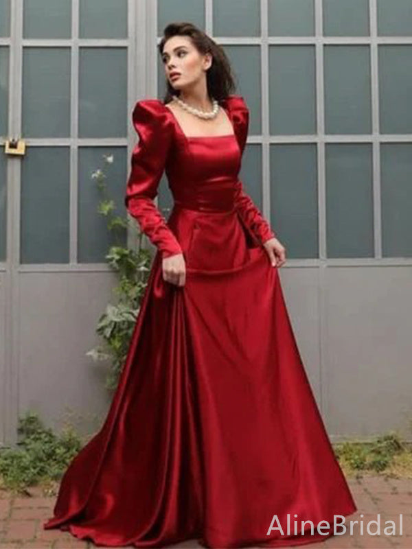 Elegant Red Square Long Sleeves A-line Long Prom Dress,PD38119