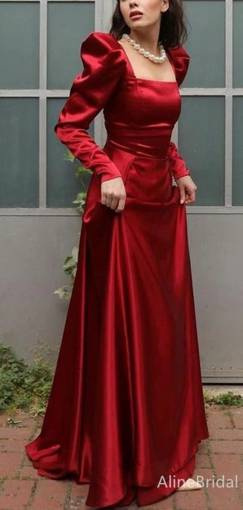 Elegant Red Square Long Sleeves A-line Long Prom Dress,PD38119