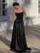 Elegant Black V-neck Spaghetti Strap A-line Long Prom Dress, PD38124