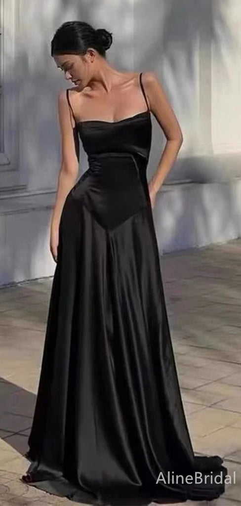 Elegant Black V-neck Spaghetti Strap A-line Long Prom Dress, PD38124