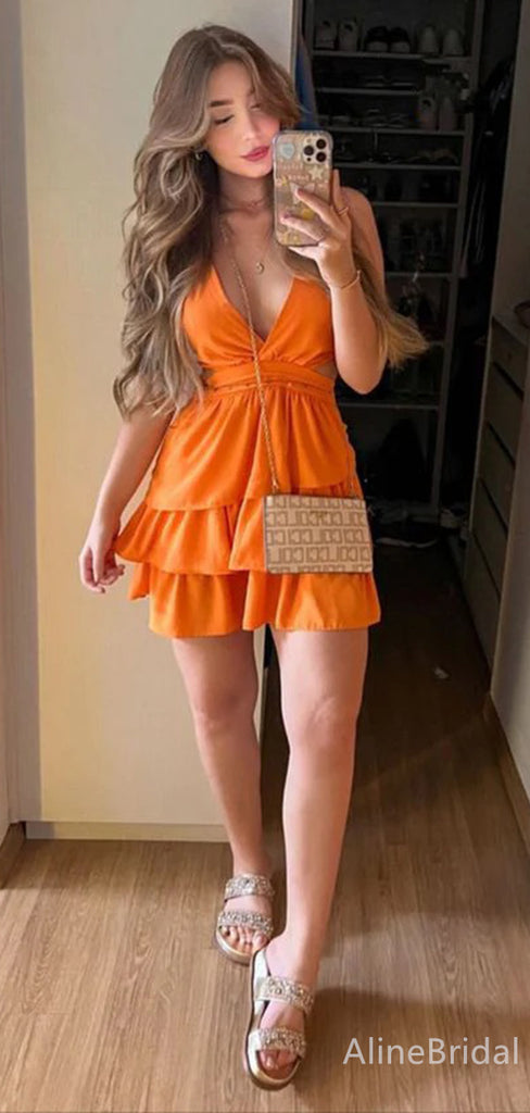 Sexy Orange V-neck Spaghetti Strap A-line Short Homecoming Dress, HD327993