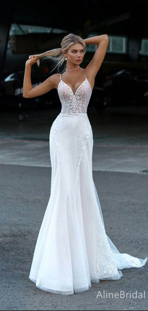 Elegant V-neck Spaghetti Strap Mermaid Long Wedding Dresses, WD3073