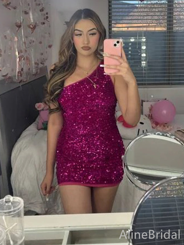 Sparkly Purples Sequins One SHoulder Short Tight  Homecoming Dress, HD327992