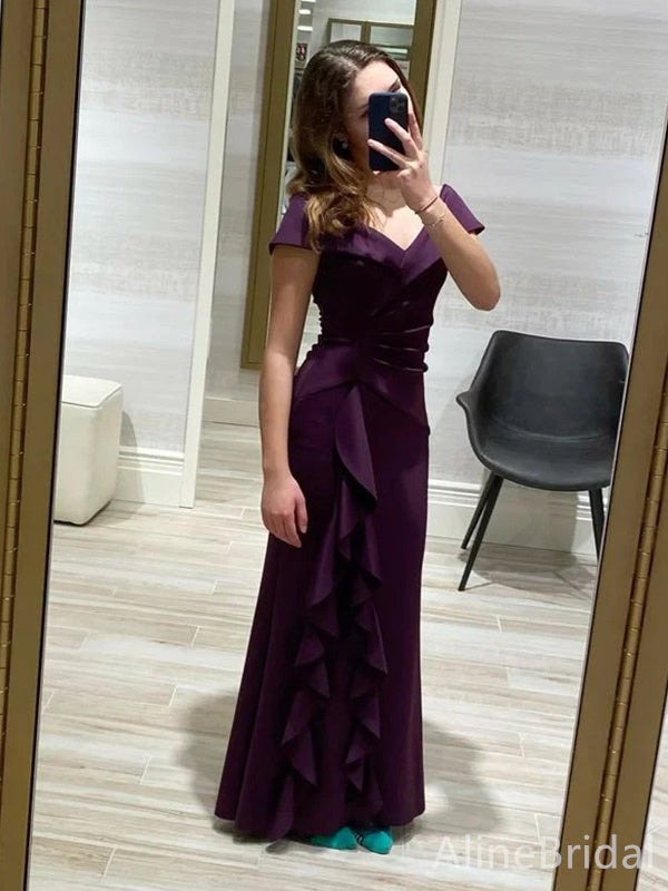 Elegant Dark Purple V-neck Ruffles Mermaid Long Prom Dress, PD38139