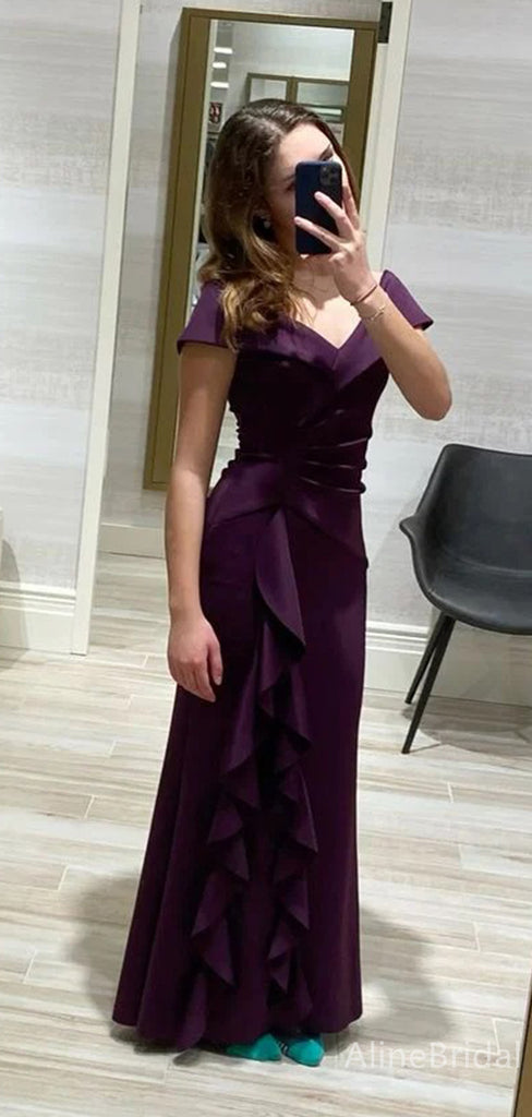 Elegant Dark Purple V-neck Ruffles Mermaid Long Prom Dress, PD38139