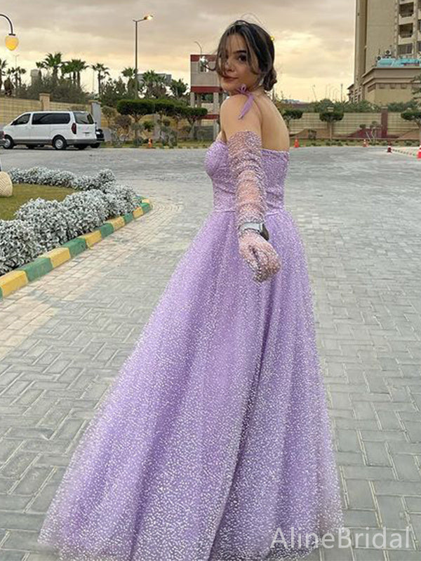 Sparkly Purple Spaghetti Strap A-line Long Prom Dress with Tie Shoulder, PD38164