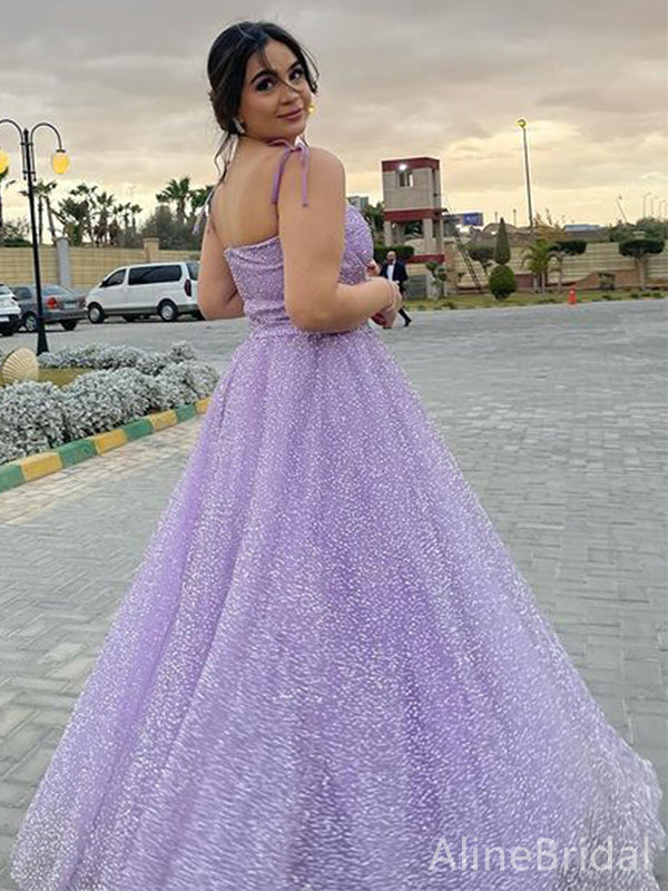 Sparkly Purple Spaghetti Strap A-line Long Prom Dress with Tie Shoulder, PD38164
