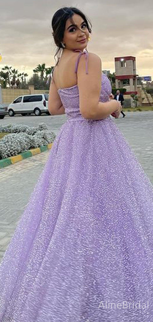 Sparkly Purple Spaghetti Strap A-line Long Prom Dress with Tie Shoulder, PD38164