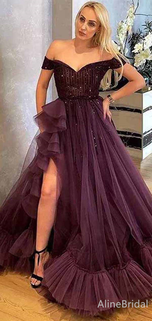Glamours Purple V-neck Off-Shoulder A-line Layered Tulle Prom Dress with Slit, Evening Gown, PD38166