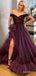 Glamours Purple V-neck Off-Shoulder A-line Layered Tulle Prom Dress with Slit, Evening Gown, PD38166