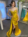 Elegant Gold V-neck Pleated Side Slit Mermaid Long Prom Dress, PD38172