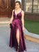 Sexy Purple V-neck Spaghetti Strap A-line Long Prom Dress with Slit, PD381759