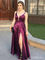 Sexy Purple V-neck Spaghetti Strap A-line Long Prom Dress with Slit, PD381759