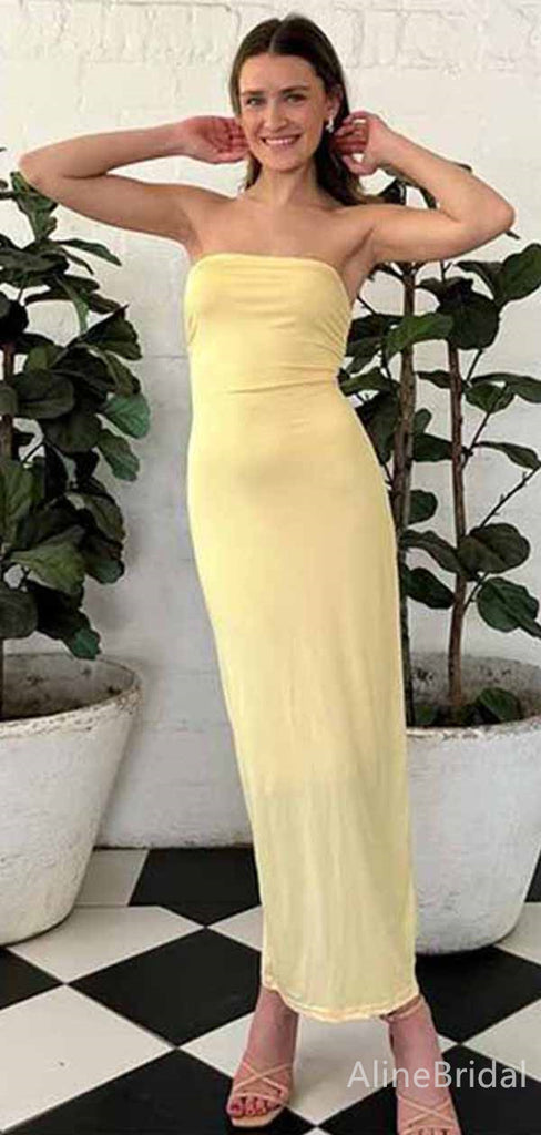 Sexy Yellow Strapless Backless Mermaid Long Prom Dress, PD381760