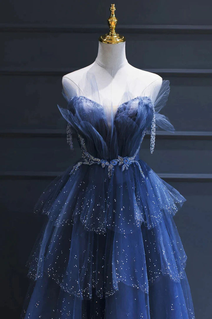 Sparkly Blue Strapless A-line Layered Tulle Prom Dress, PD3663