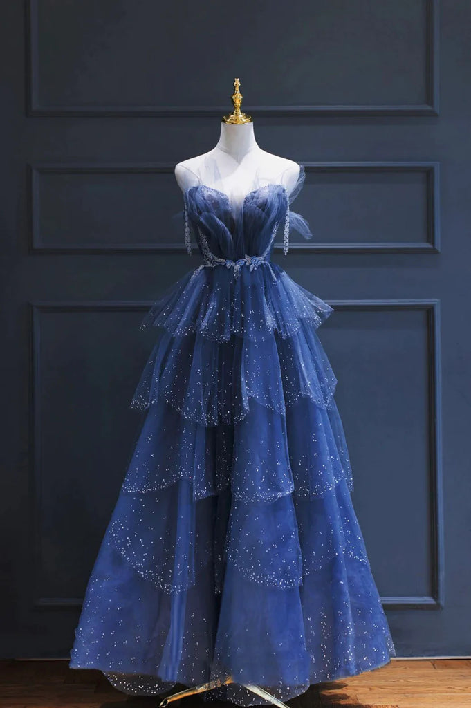 Sparkly Blue Strapless A-line Layered Tulle Prom Dress, PD3663
