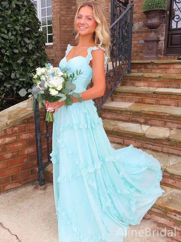 Elegant Chiffon Blue Sweetheart A-line Long Prom Dress with Ruffles, PD381774