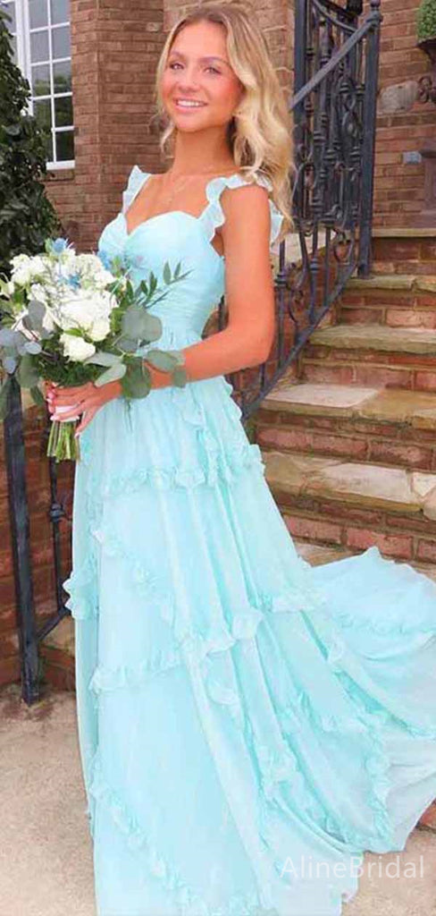 Elegant Chiffon Blue Sweetheart A-line Long Prom Dress with Ruffles, PD381774