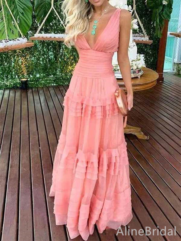 Elegant Pink V-neck Long Tiered Ruffle Prom Dress, PD381775