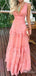 Elegant Pink V-neck Long Tiered Ruffle Prom Dress, PD381775