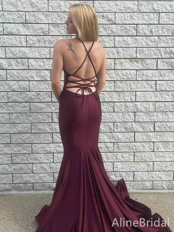 Sexy Burgundy V-neck Backless Mermaid Long Prom Dress, Evening Dress, PD381779