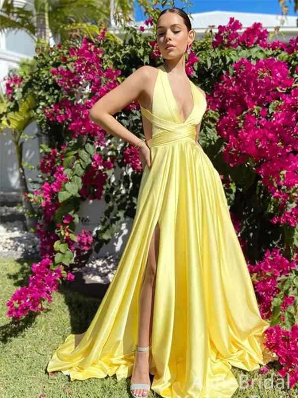 Stunning Yellow V-neck Side Slit A-line Long Prom Dress, Backless Evening Dress, PD381790