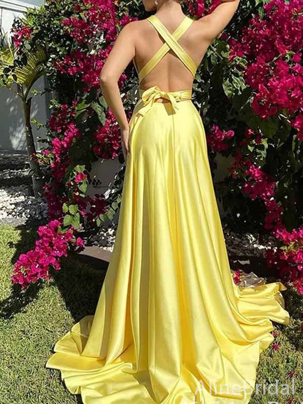 Stunning Yellow V-neck Side Slit A-line Long Prom Dress, Backless Evening Dress, PD381790