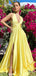 Stunning Yellow V-neck Side Slit A-line Long Prom Dress, Backless Evening Dress, PD381790