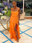 Simple Orange Square Ruffles A-line Long Prom Dress with Slit, PD381806