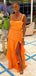 Simple Orange Square Ruffles A-line Long Prom Dress with Slit, PD381806