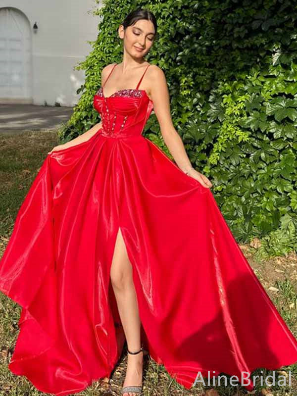 Gorgeous Red Sweetheart Spaghetti Strap A-line Long Prom Dress with Slit, PD381832