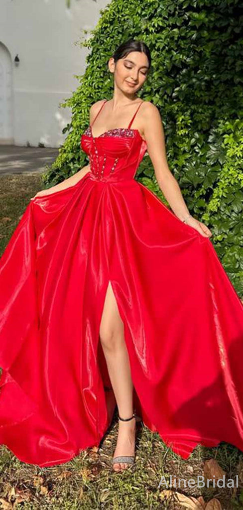 Gorgeous Red Sweetheart Spaghetti Strap A-line Long Prom Dress with Slit, PD381832