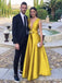 Elegant Yellow V-neck A-line Long Prom Dress with Sash, Evening Dress, PD381835