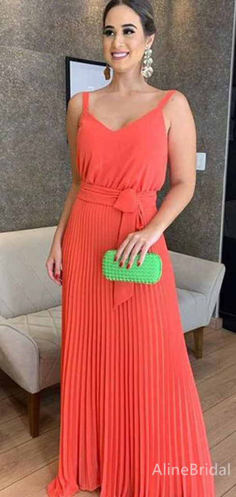 Elegant Coral V-neck Pleated A-line Long Prom Dress, Evening Dress, PD381845