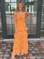 Elegant Orange V-neck Front Twist A-line Long Prom Dress, Evening Dress, PD381860