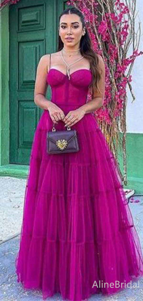 Gorgeous Spaghetti Strap Fuchsia Corset A-line Long Tulle Prom Dress-Tiered Evening Dress, PD381868