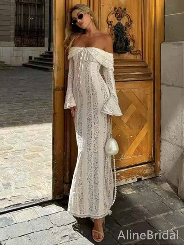Boho White Off-Shoulder Sequins Long Sleeves Mermaid Long Prom Dress,PD381897