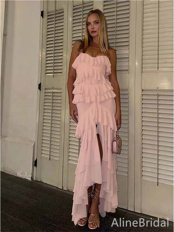 Elegant Strapless Pink Chiffon Long Ruffles Tiered Prom Dress-High-Low Evening Dress, PD381909