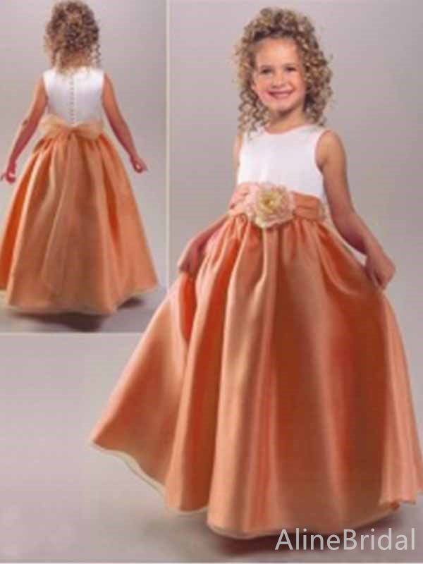 Elegant Orange A-line Long Flower Girl Dress with Bow, FGS174