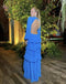 Elegant Blue  V-neck Long Sleeves Side Cut Out A-line Long Prom Dress, PD3664