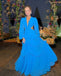 Elegant Blue  V-neck Long Sleeves Side Cut Out A-line Long Prom Dress, PD3664